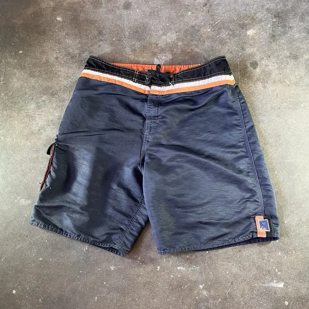 Vintage 80s-90s Quicksilver Eddie Aikai Dark Blue Striped Board Shorts Men’s 33